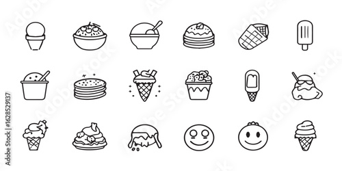 Ice cream doodle icon set featuring cute hand-drawn illustrations of cones, sundaes, popsicles, banana splits, swirls, waffles, and cups. Black and white cartoon-style art perfect for a sweet dessert 