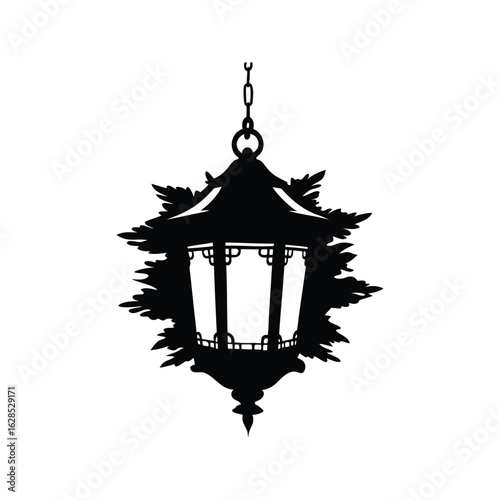 Silhouette of a Hanging Lantern with Ornate Details and Floral Motif