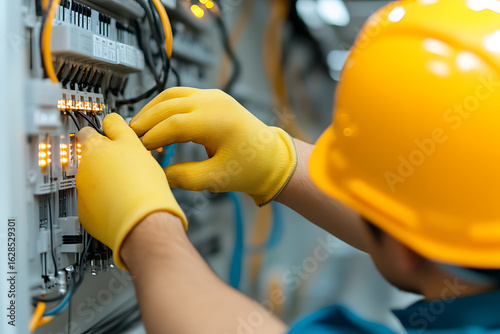Electrical Work: An electrician connects wiring in a panel, wearing a yellow hard hat and gloves, ensuring safety and precision in electrical maintenance.