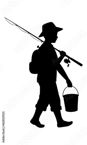 Black Silhouette of a Young Boy Walking with Fishing Rod and Bucket
