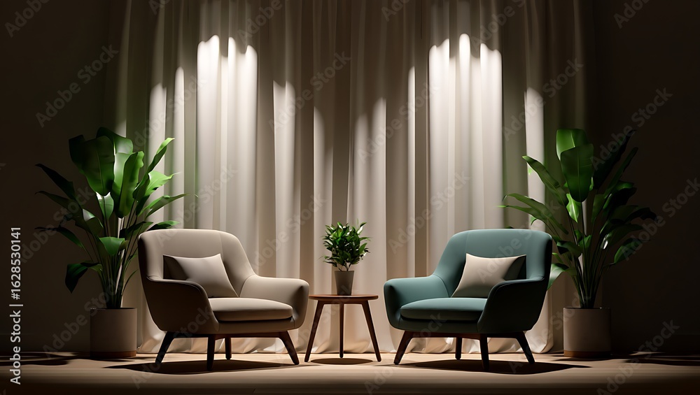 Fototapeta premium Sophisticated lounge with two elegant armchairs, large plants, and a small table illuminated by dramatic spotlights on white curtains.