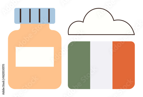 Orange medicine bottle with label next to a cloud featuring the Irish flag. Ideal for healthcare, medicine, data storage, Ireland, technology, cloud computing, pharmaceutical themes. Simple flat
