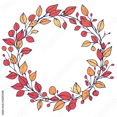 Hand-drawn Autumn Wreath with Leaves
