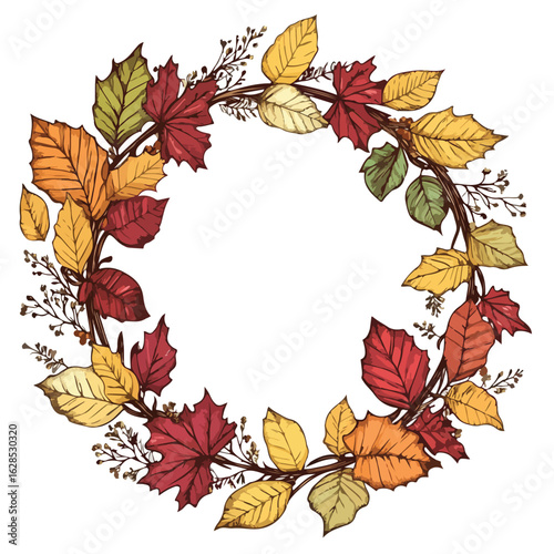 Hand-drawn Autumn Wreath with Leaves