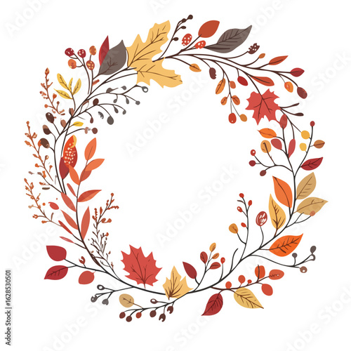 Hand-drawn Autumn Wreath with Leaves
