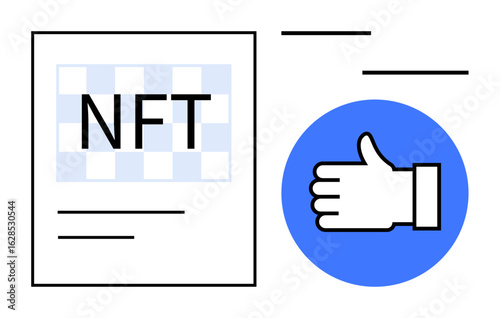 NFT document with checkered design beside blue thumbs-up icon indicating approval. Ideal for digital ownership, blockchain, virtual assets, online creativity, technology, cryptocurrency, simple
