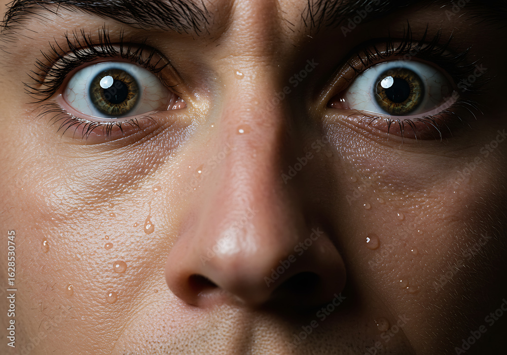Fototapeta premium A dramatic close-up reveals a person's wide, startled eyes and sweat-beaded skin, expressing intense fear or shock.