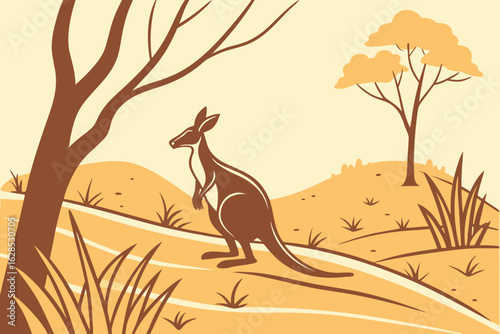 Serene kangaroo relaxes in the wilds of Deep Creek, blending into the outback brush and soft shadows of golden Australian landscapes, modern flat illustration style.
