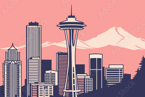 Skyscrapers in downtown Seattle rise against pink skies, with Mount Rainier faintly visible in the distance, modern flat illustration style.