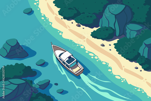 Soar above a sleek luxury speedboat cruising swiftly through the rich blue waters of the Aegean Sea off the coast of Greece, modern flat illustration style.