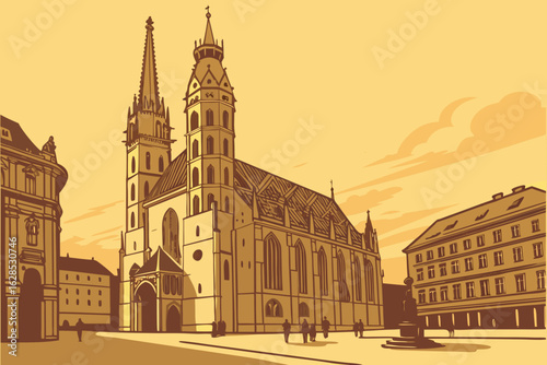 St. Stephen’s Cathedral towers above Vienna’s Stephansplatz, bathed in soft golden sunrise with gothic elegance on full display, modern flat illustration style.