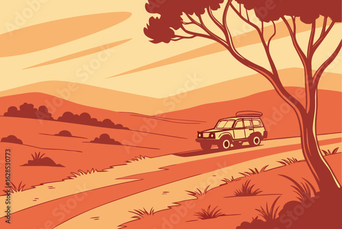 Sunset lights up a dusty outback road where a 4x4 vehicle carves across red earth toward the horizon under open skies, modern flat illustration style.