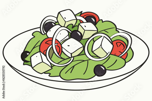 Taste the freshness of a Greek salad tossed with crisp vegetables and creamy cheese on a minimalist white plate, modern flat illustration style.