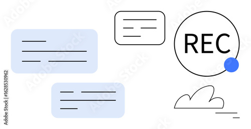 REC button with blue notification dot, dialogue bubbles, and abstract cloud. Ideal for collaboration tools, communication, recording, transcription, presentations, content creation simple landing