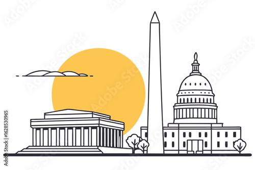 Hopeful sunrise glows behind the Lincoln, Washington, and Capitol monuments in one frame, symbolizing America's enduring spirit, modern flat illustration style.