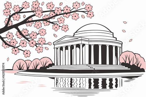 Jefferson Memorial reflects on the water surrounded by pink blossoms, celebrating springtime in the nation’s capital, modern flat illustration style.