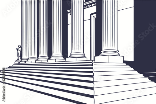Intricate white marble columns of the U.S. Supreme Court cast bold shadows on the grand staircase beneath, modern flat illustration style.