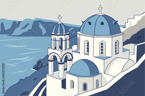 Pause in Santorini’s cliffside Oia village where blue domes and white churches overlook the sparkling Aegean Sea, modern flat illustration style.