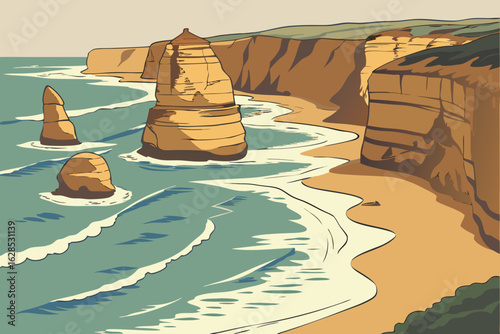 Ocean waves crash dramatically near the Twelve Apostles, where limestone stacks rise from Victoria’s southern coast along the Great Ocean Road, modern flat illustration style.