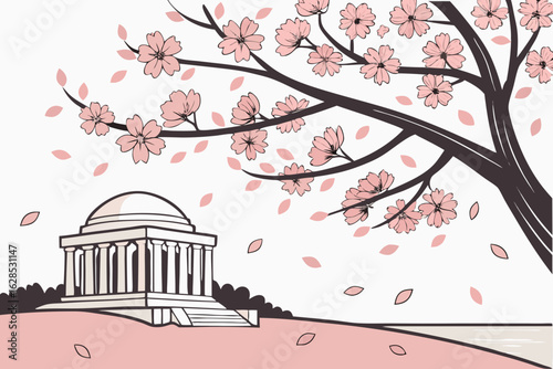 Peaceful cherry blossoms scatter across the Tidal Basin, gently blowing in the wind near the Jefferson Memorial, modern flat illustration style.