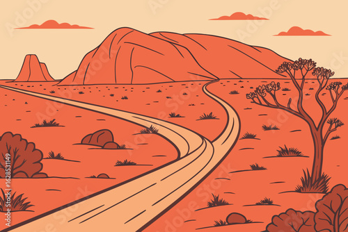 Outback highway stretches through barren red land, inviting long drives into the heart of Australia’s remote and adventurous interior, modern flat illustration style.
