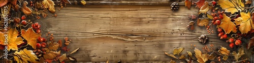 Autumnal frame with colorful leaves and berries on a rustic wooden background