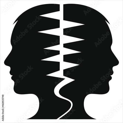 Silhouette of Two Faces Split by Jagged Line – Vector Illustration Representing Conflict, Duality, Mental Health, Communication Breakdown, Psychology, and Relationship Issues on White Background