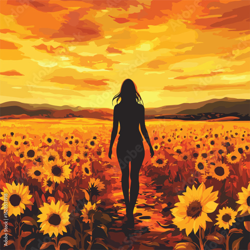 Woman walking by blooming sunflower field
