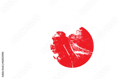 Right palm print on a light gray background with the Japanese flag inside the hand contour. The red Hinomaru (sun disc) fills the palm area, while the fingers are white. Grunge style with visible scra