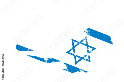 Right palm print on a light gray background in a grunge style with rough edges and texture, creating a worn, distressed effect. Inside the hand contour is the Israeli flag: white background with two h