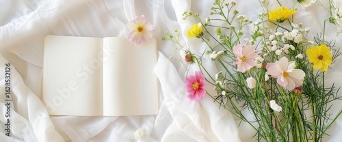 Flat lay of a blank open notebook with a colorful wildflower bouquet on white fabric