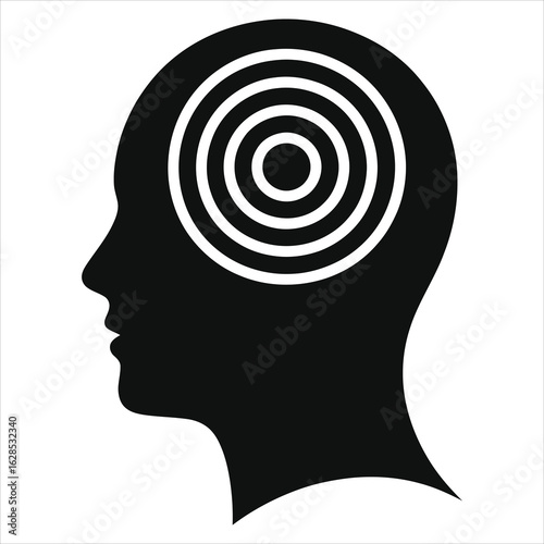 Silhouette of Human Head with Target Circles Inside Brain – Vector Concept Illustration Representing Focus, Mindfulness, Mental Clarity, Concentration, Cognitive Thinking, and Goal Setting
