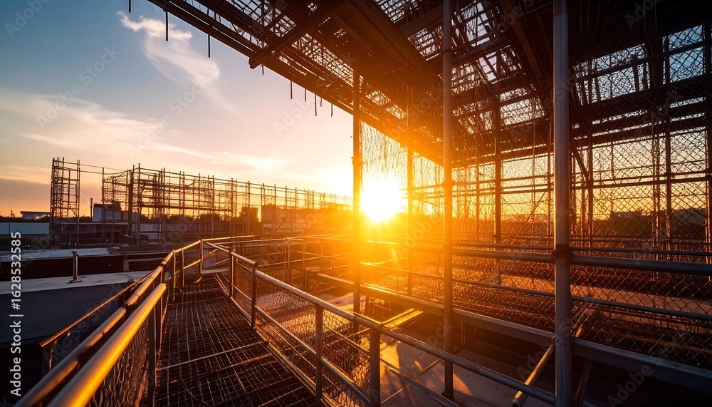 Fototapeta premium Industrial Structure at Sunset with Golden Light Streaming Through Metal Framework