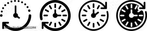 Four stylized clock icons showing progression of time and circular arrow