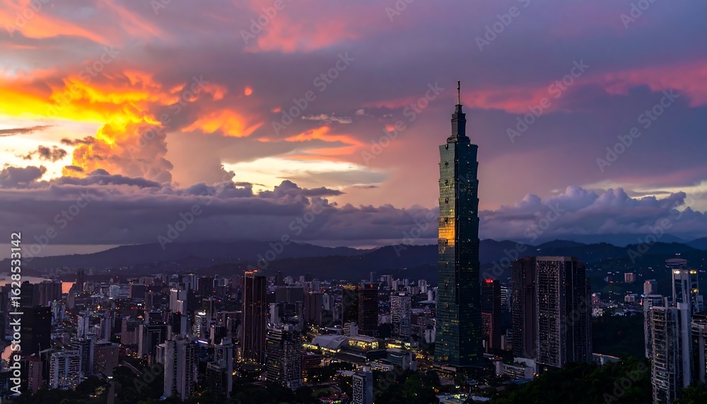 Fototapeta premium Taipei City Skyline at Sunset: Dramatic Sky and Iconic Tower Illuminated
