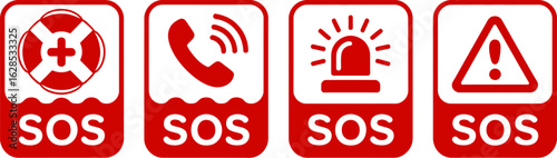 Four red sos icons representing emergency rescue communication and warning signals