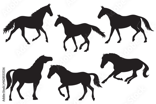 Five black horse silhouettes in various poses on white background