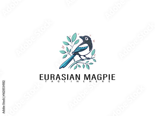 Whimsical Eurasian Magpie perched on a stylized branch with falling leaves and heart-shaped accents, drawn in a cute cartoon style perfect for bird-themed Valentine cards or eco prints.


