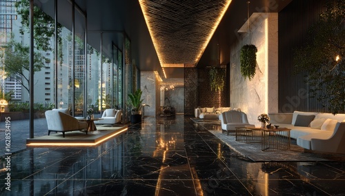 Modern hotel lobby with large windows overlooking city