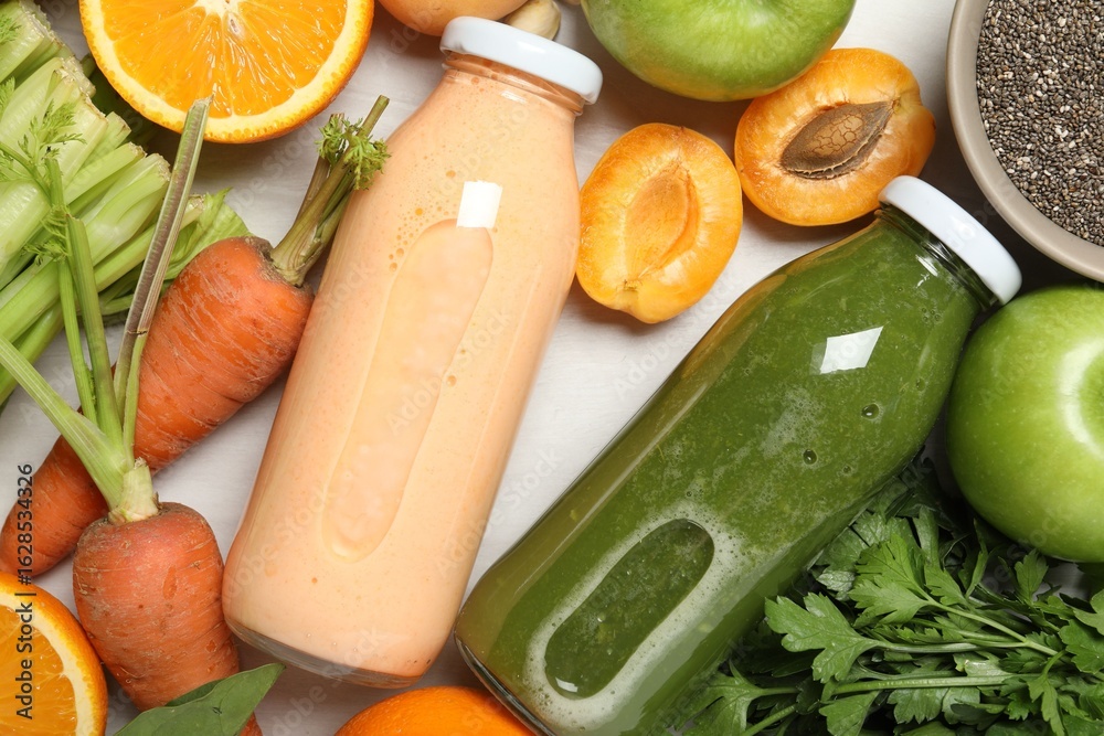 Fototapeta premium Superfood. Bottles with tasty smoothies and ingredients on light wooden table, flat lay