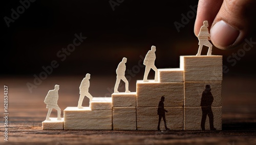 Wooden steps with paper figures representing career advancement.  A hand places a figure on the next step.  Dark background