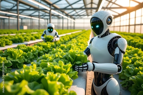 Robots tending rows of green lettuce in a futuristic greenhouse