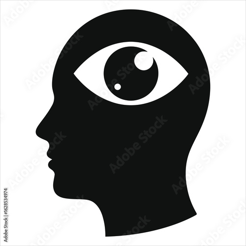  "Silhouette of person with eye on forehead, concept of intuition, insight, and inner wisdom, black and white illustration"