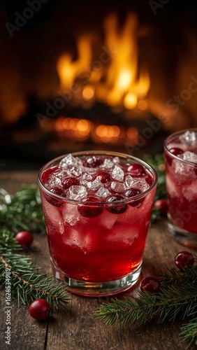 Cozy Holiday Cheer: Refreshing Cranberry Drink with Ice and Berries by a Warm Fireplace on a Rustic Wood Table