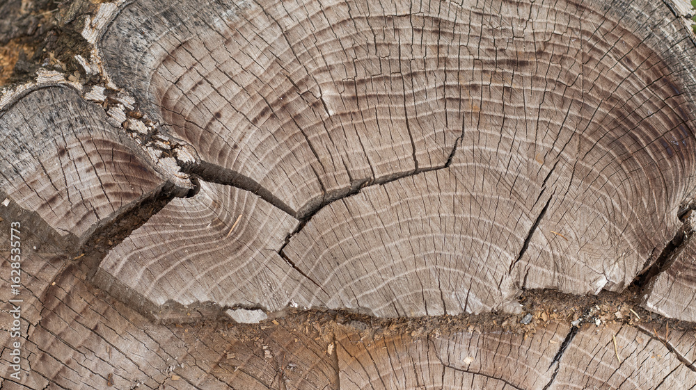 Fototapeta premium Rustic wood stump revealing intricate patterns and textures, echoes of nature's artistry in tranquil outdoor surroundings