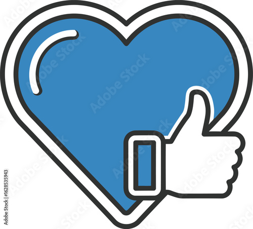 A blue heart icon with a thumbs-up gesture symbolizing social media likes, love, and approval.