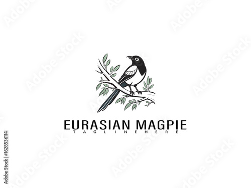 Cute cartoon-style Eurasian Magpie perched on a branch with natural textures and floating hearts, ideal for bird-themed branding and eco-friendly stationery designs.

