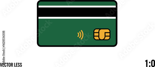 A vector illustration of a generic green bank card with a magnetic stripe, EMV chip, and contactless payment symbol.
