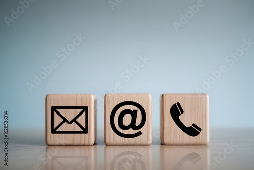 Contact us Icons: Wooden blocks with essential communication symbols, subtly hinting at the different modes of interaction available, all set against a clean, neutral background.