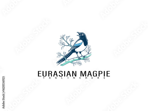 Vector cartoon Eurasian Magpie perched calmly on a tree branch with soft leaves and floating hearts, ideal for kids’ illustrations or romantic birdwatching designs.

